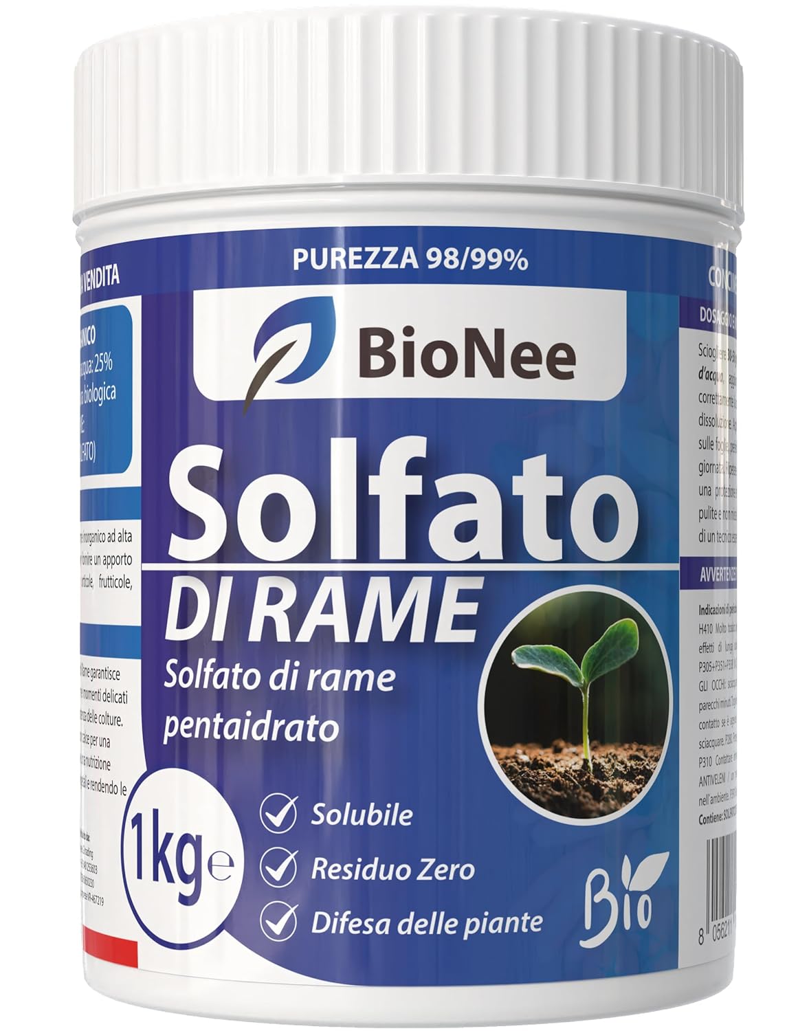 Solfato di Rame | Concime Inorganico Puro 98/99% | Rame Solubile 25% | Uso Agricolo e Biologico | Residuo Zero | Rame Pentaidrato per Orto e Giardino 1 kg 