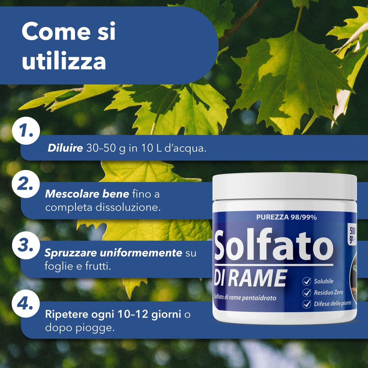 Solfato di Rame | Concime Inorganico Puro 98/99% | Rame Solubile 25% | Uso Agricolo e Biologico | Residuo Zero | Rame Pentaidrato per Orto e Giardino 500 gr