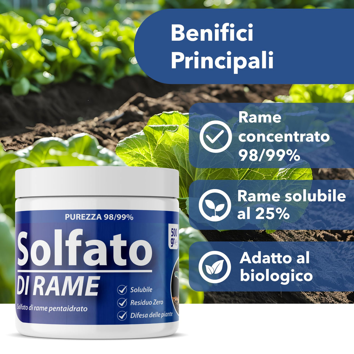Solfato di Rame | Concime Inorganico Puro 98/99% | Rame Solubile 25% | Uso Agricolo e Biologico | Residuo Zero | Rame Pentaidrato per Orto e Giardino 500 gr