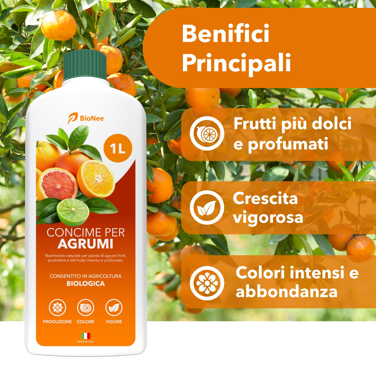 BioNee Concime per Agrumi Biologico 1L – Nutrimento Naturale per Limoni, Aranci e Mandarini | Rafforza le Radici, Esalta Aroma e Colore dei Frutti | Consentito in Agricoltura Biologica