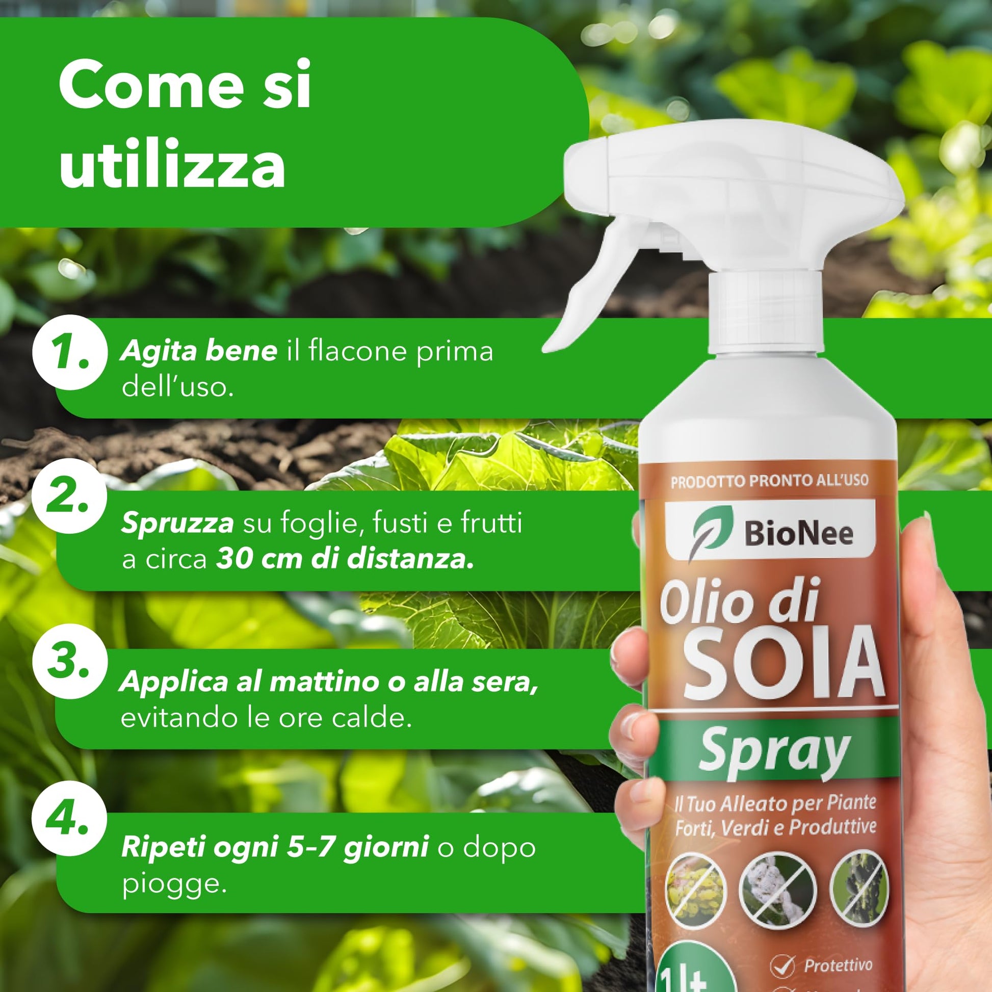 BioNee Olio Bianco di Soia Spray 1l – Protettivo Naturale per Piante, Rinforzante e Lucidante Fogliare – Pronto all’Uso