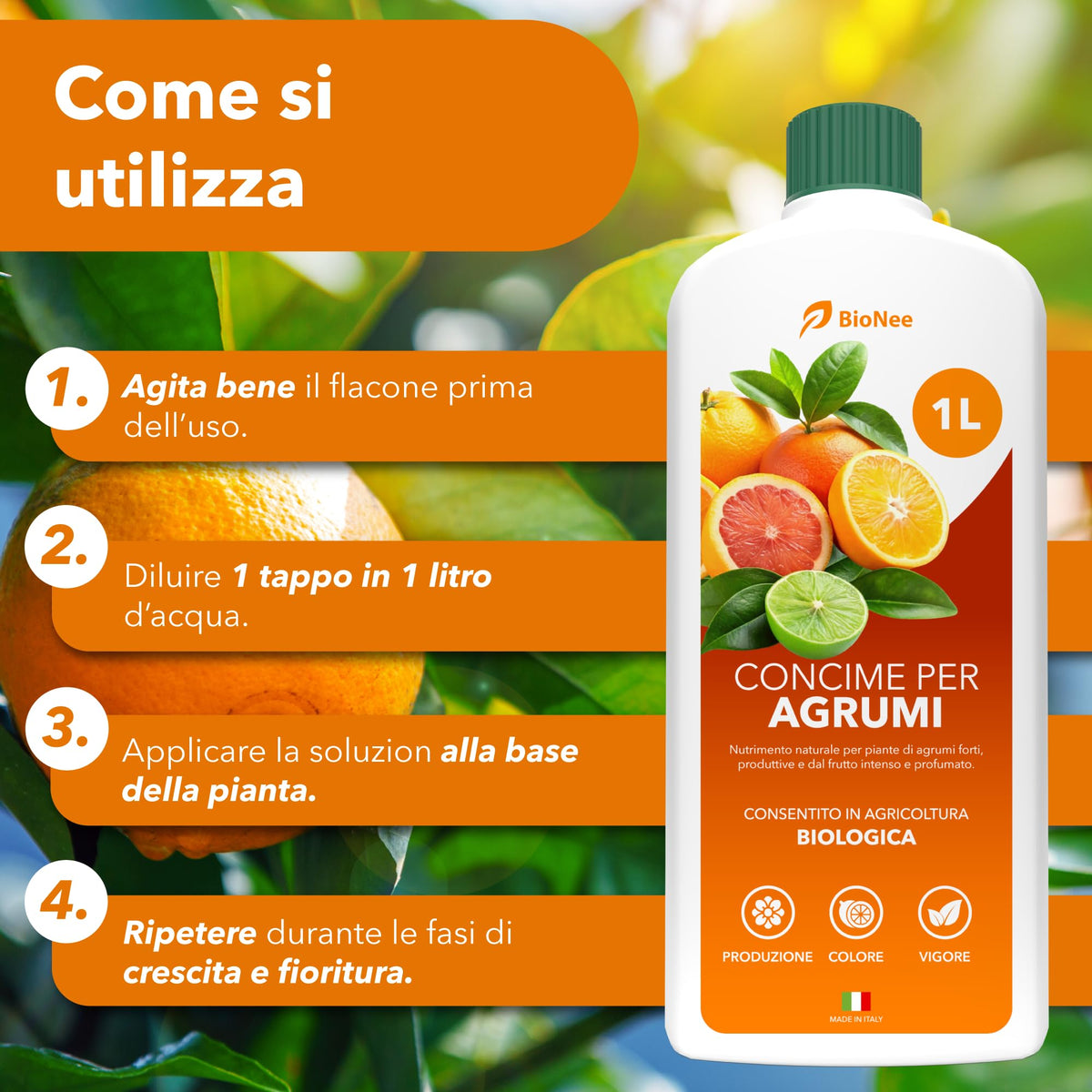 BioNee Concime per Agrumi Biologico 1L – Nutrimento Naturale per Limoni, Aranci e Mandarini | Rafforza le Radici, Esalta Aroma e Colore dei Frutti | Consentito in Agricoltura Biologica