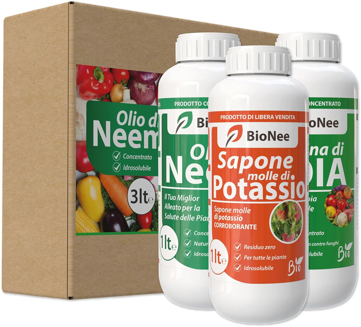 Olio di Neem - insetticida naturale biologico solubile in acqua (1 litro) + Sapone Molle di Potassio (1 litro) + Lecitina di Soia (1 litro) 