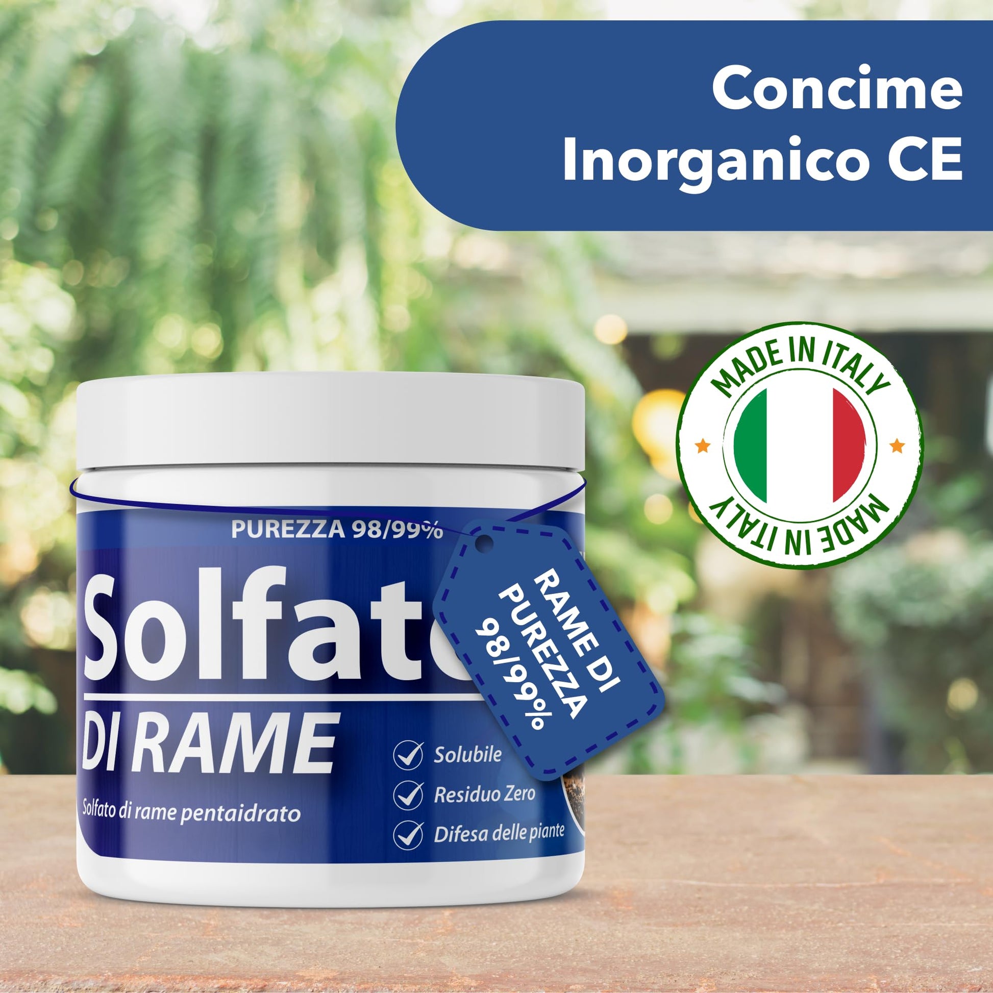 Solfato di Rame | Concime Inorganico Puro 98/99% | Rame Solubile 25% | Uso Agricolo e Biologico | Residuo Zero | Rame Pentaidrato per Orto e Giardino 500 gr