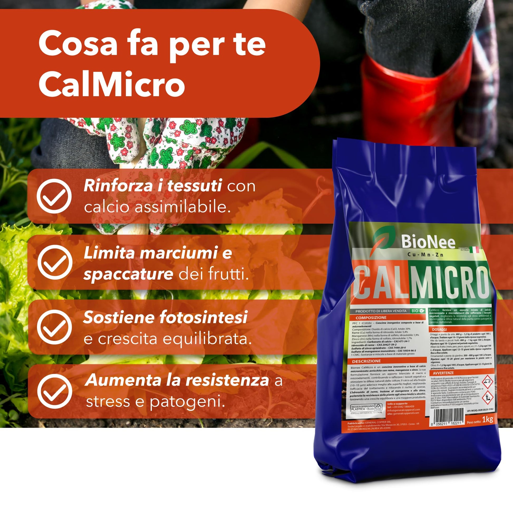 Bionee CalMicro 1 Kg – Concime a Base di Calcio Micronizzato con Rame, Manganese e Zinco | Rafforza i Tessuti Vegetali e Protegge da Stress Ambientali | Per Orto, Frutteto, Vite e Piante Ornamentali