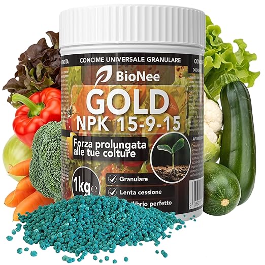 BIONEE NPK GOLD 15-9-15 – Concime Universale a Lenta Cessione per Orto, Frutteto, Prato e Piante Ornamentali – Con Magnesio, Zolfo e Ferro – 1 kg