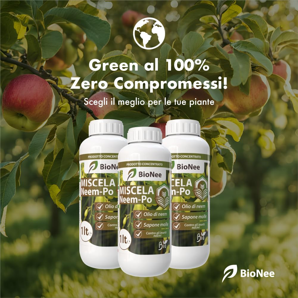 Miscela Neem-Po per Piante Biologico | Olio Di Neem + Sapone Molle Di Potassio Solubile Ottimo Contro Le Avversità Esterne Di Orto, Prato E Giardino 1 Lt