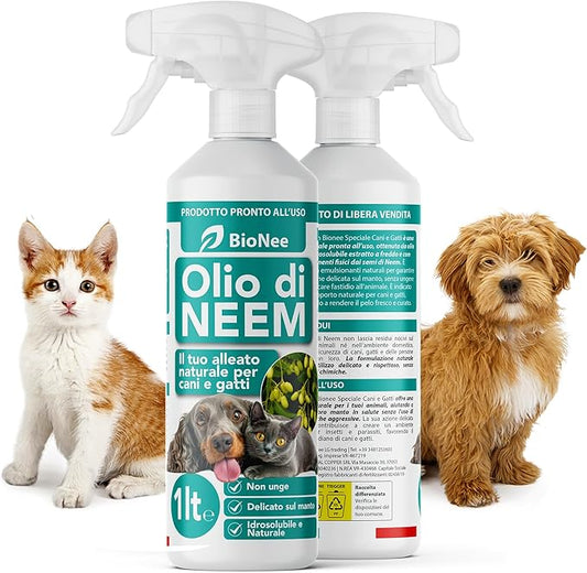 Olio di Neem per Cani e Gatti Spray 1 lt – Idrosolubile, Naturale, Non Unge – Azione Delicata, Effetto Barriera Sgradito a Zecche Pulci Zanzare Insetti