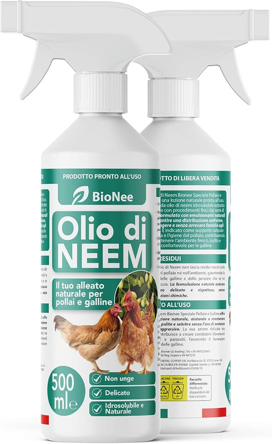 Bionee Olio di Neem Spray Pollaio e Galline 500 ml – Lozione Naturale Pronta all’Uso, Protezione Contro Insetti e Parassiti, Sicuro e Delicato, Idrosolubile, Zero Residui